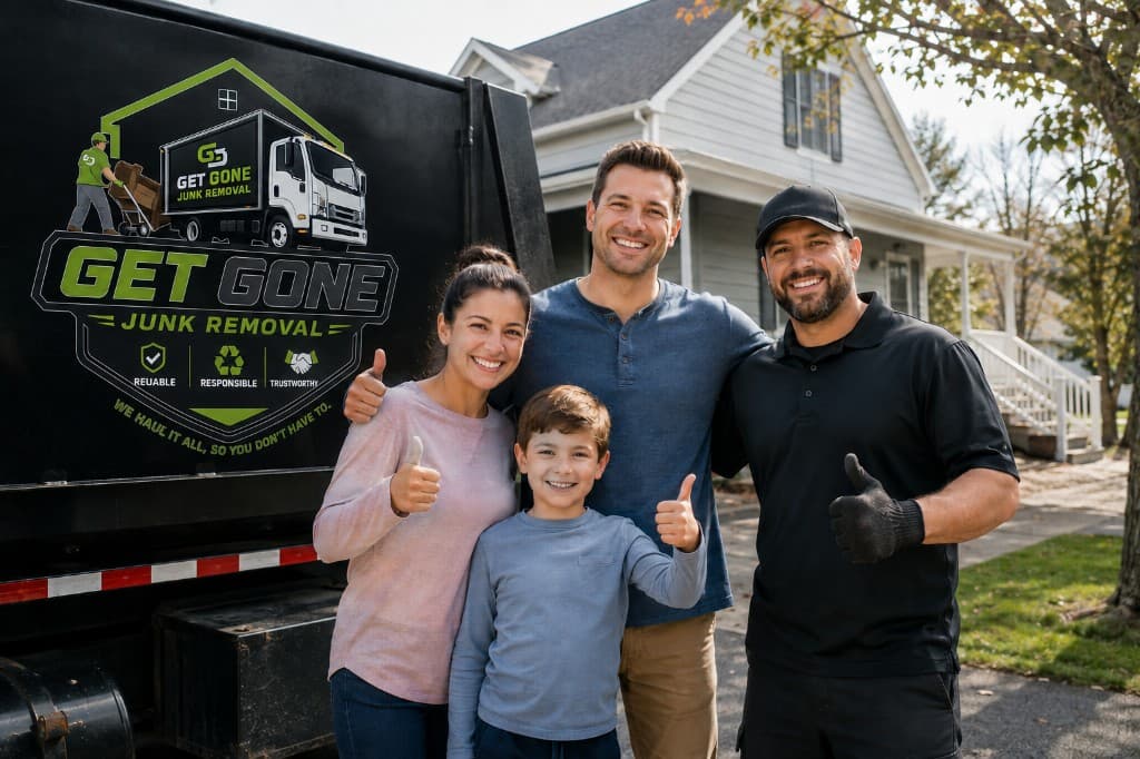 Happy Columbus family with Get Gone Junk Removal crew beside the truck